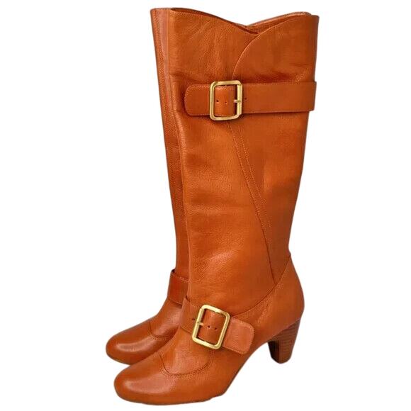 Y2K Tan Leather BCBG Knee High Boots Size 7B - Picture 1 of 8